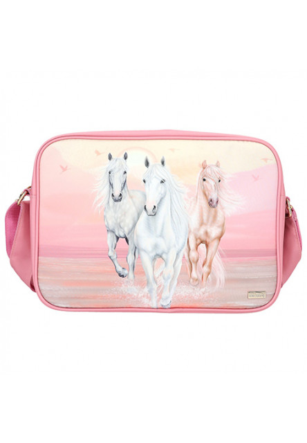 Taška cez rameno - ružová + pastelové farby, 3 kone v behu vodou