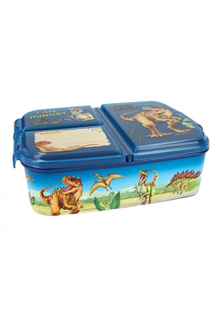 Olovrantový box - modrý s dinosaurami, 3 oddelené priehradky