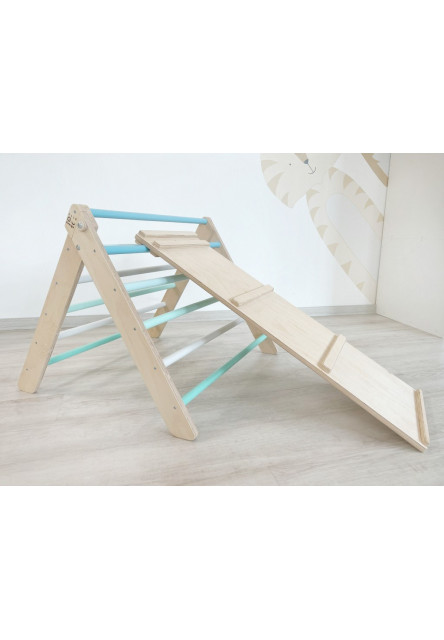 Montessori Piklerovej trojuholník light + doska 2v1 variant: natur okraje, modré priečky