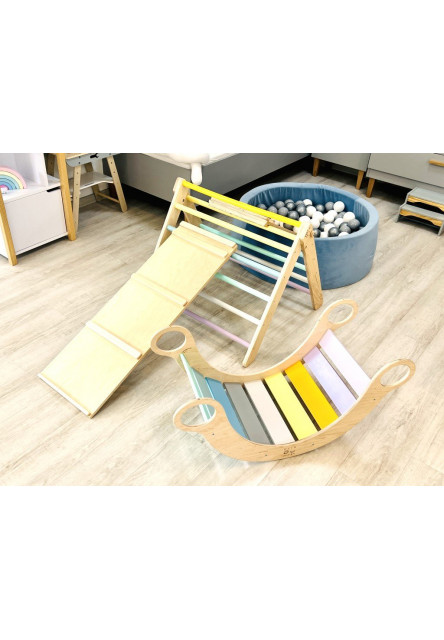 Montessori Piklerovej trojuholník light + doska 2v1 variant: natur okraje, modré priečky