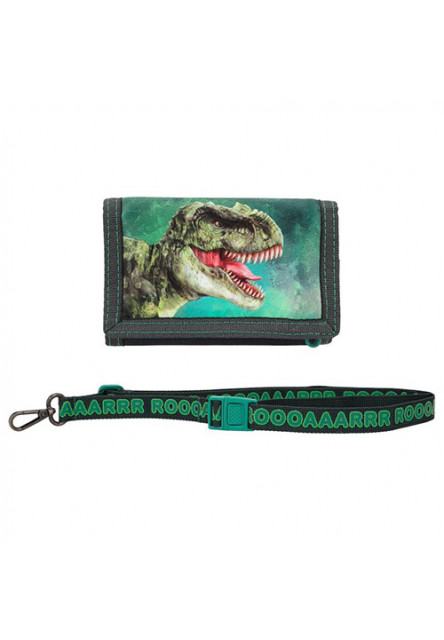 Peňaženka so závesom na krk, Detail hlavy T-Rexa, zelená mračná v pozadí