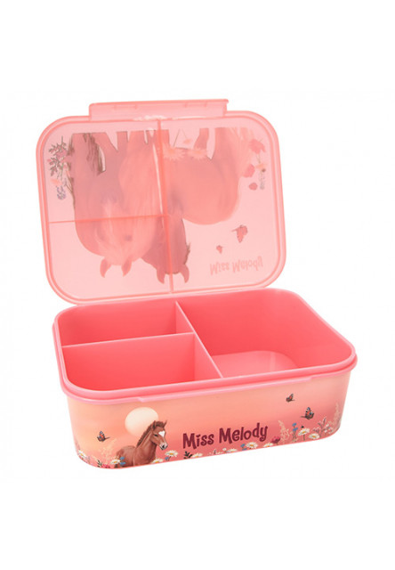 Svačinový box s přihrádkami Miss Melody, Růžový, dva hnědí koně na louce