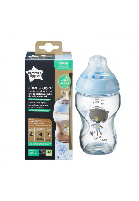 Dojčenská fľaša C2N 250ml sklenená potlač Blue, 0m +