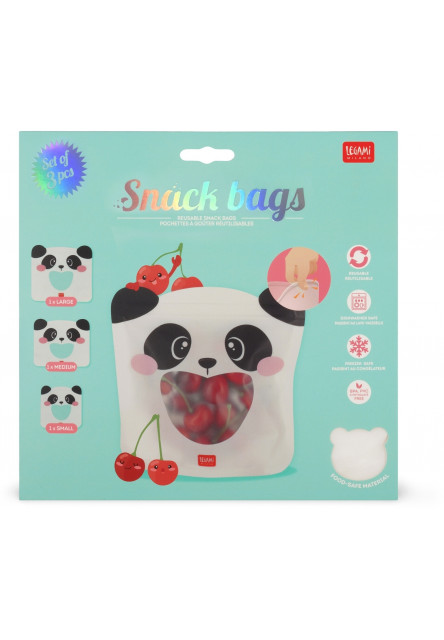 Znovupoužiteľné vrecká na potraviny Legami Snack Bags - Set Of 3 Reusable Food Pouches - Panda