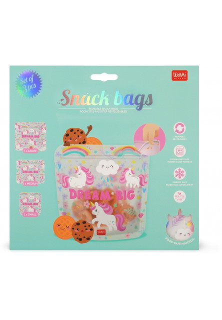 Znovupoužiteľné vrecká na potraviny Legami Snack Bags - Set Of 3 Reusable Food Pouches - Unicorn