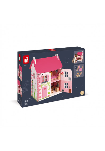 Drevený domček pre bábiky Mademoiselle s príslušenstvom 11 ks nábytku od 3 rokov