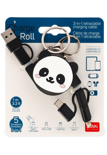 Nabíjací kábel 3 v 1 Legami 3-In-1 Retract. Charging Cable - Charge 'N Roll - Panda