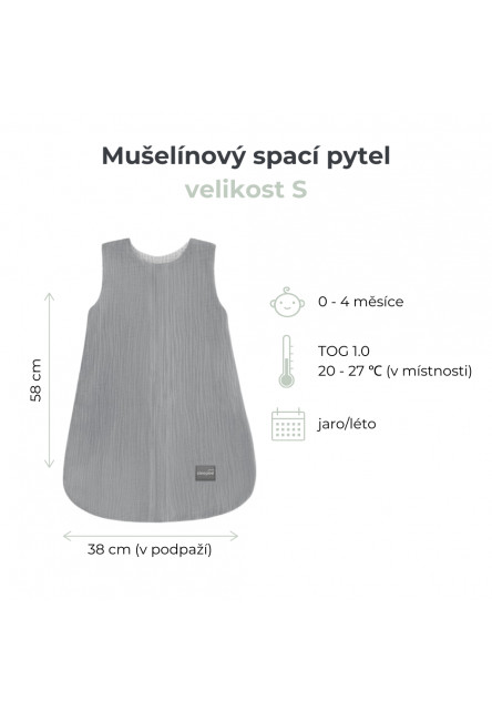 Oboustranný lehký mušelínový spací pytel Light Grey 0-4 měsíce S