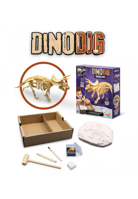 Dinodig vykopávka a kostra Triceratops