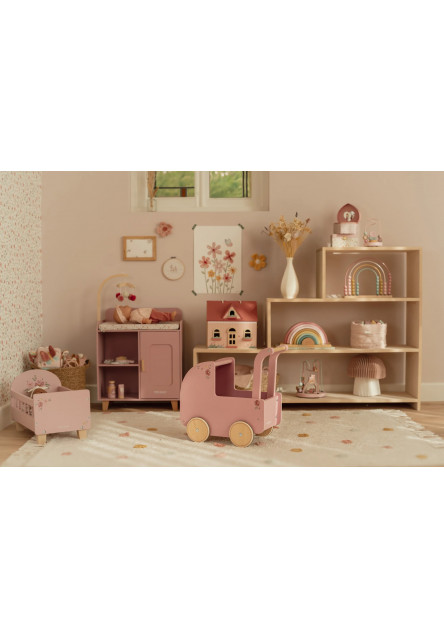 Kočárek pro panenky dřevěný s peřinkou Pink