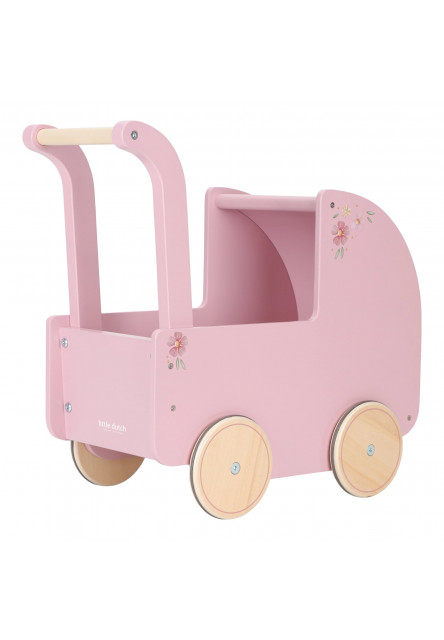 Kočárek pro panenky dřevěný s peřinkou Pink