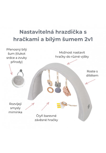 Nastavitelná hrazdička s hračkami a bílým šumem 2v1 Sleepee Grey
