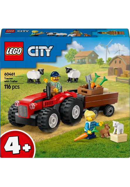 Červený traktor s prívesom a ovcami