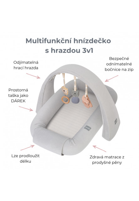 Multifunkční hnízdečko pro miminko s hrazdičkou a hračkami 3 v 1 Sleepee Grey