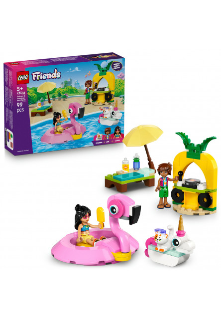 Zábava pri bazéne s jednorožcom a plameniakom