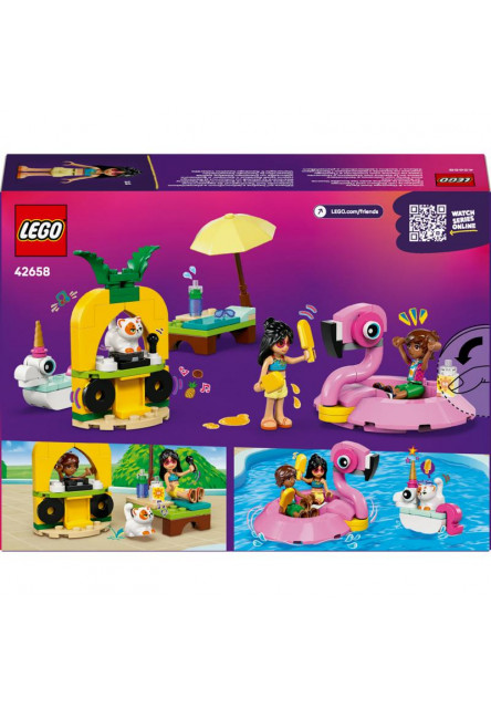 Zábava pri bazéne s jednorožcom a plameniakom