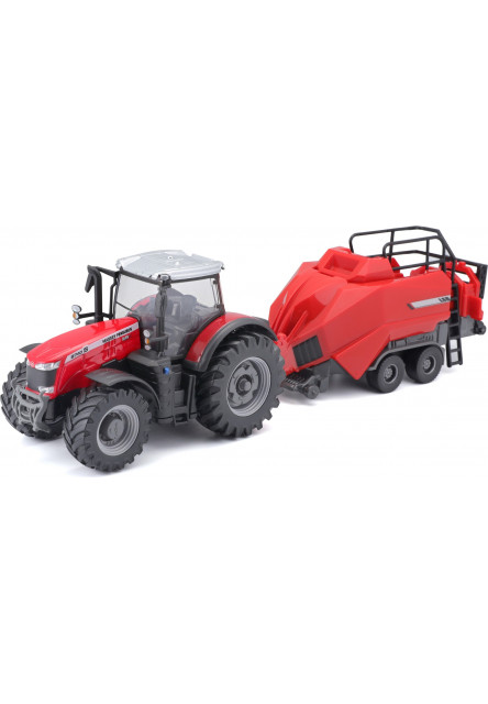 Bburago 1:50 Farm Traktor Massey Ferguson 8740S + Baler Lifter Rood