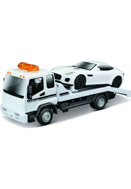 Bburago 1:43 STR FIRE Flatbed Tow Truck, w/Jaguar F-Type R Dynamic (V6)