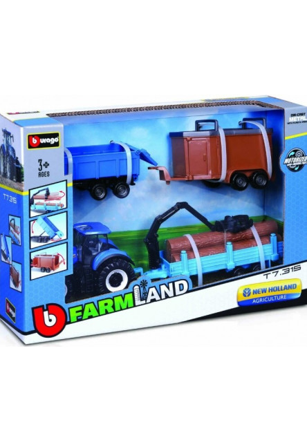 Bburago 10cm Farm tractor Gift Set - New Holland T7.315 HD with 3 trailers