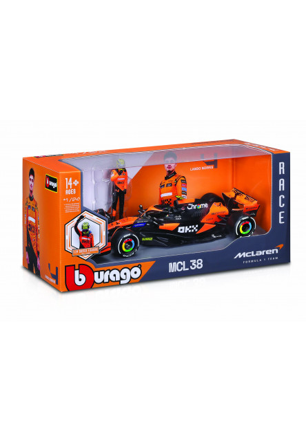 Bburago 1:24 RACE Formula F1 - McLaren F1 Team MCL38 (2024) #4 (Lando Norris) -with driver