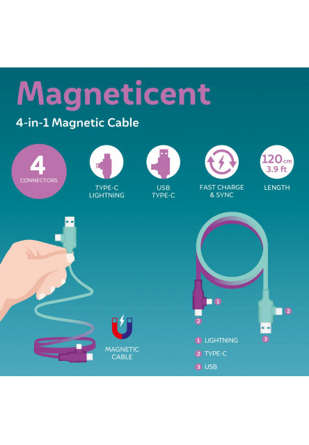Magnetický nabíjací kábel 4 v 1 Legami Magnetic 4-In-1 Charging Cable - Electric Aura