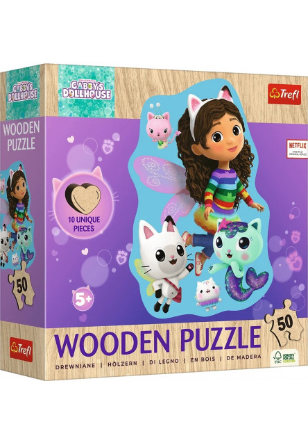 Trefl Drevené obrysové puzzle Gabby's Dollhouse: Veselá Gábinka 50 dielikov