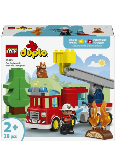 Hasičské auto s hadicou a hasičom