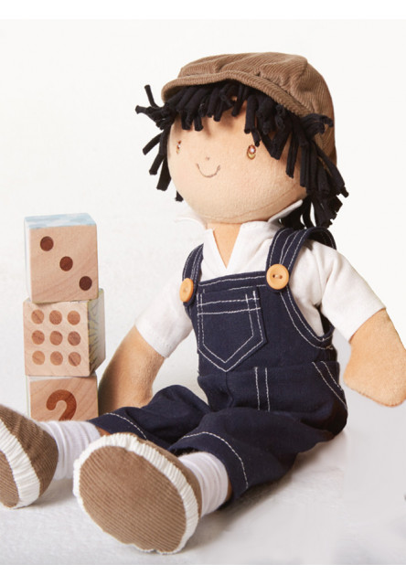 Látková bábika - chlapec 38 cm (Joe – modré džínsové nohavice na traky)