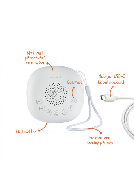 Prenosný usínací modul Premium s LED svetlom, bielym šumom a zvukmi, White