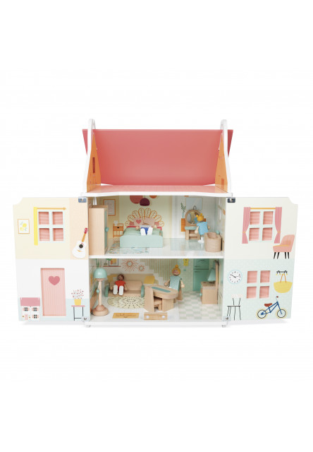 Drevený domček pre bábiky s rodinou a nábytkom