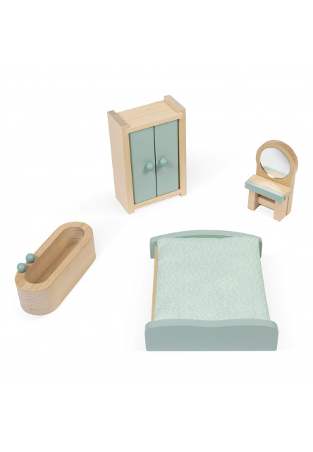 Drevený domček pre bábiky s rodinou a nábytkom