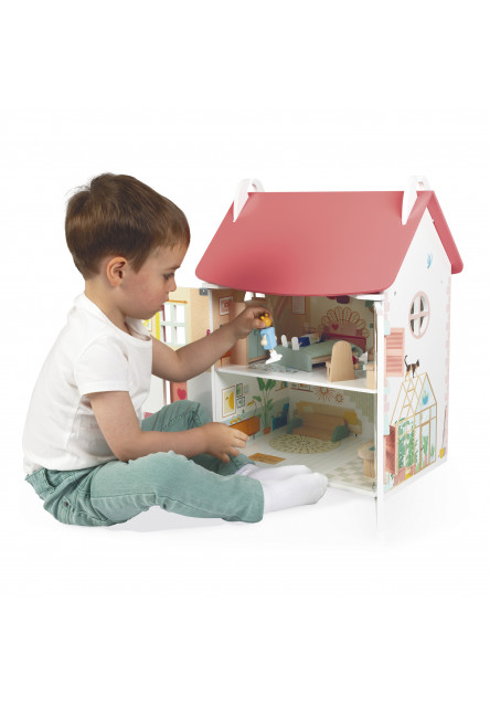 Drevený domček pre bábiky s rodinou a nábytkom