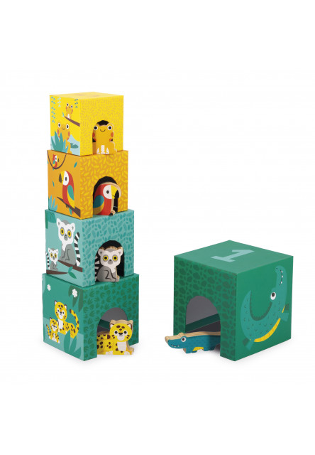 Tropik Skladacia pyramída z kartónu s drevenými zvieratkami
