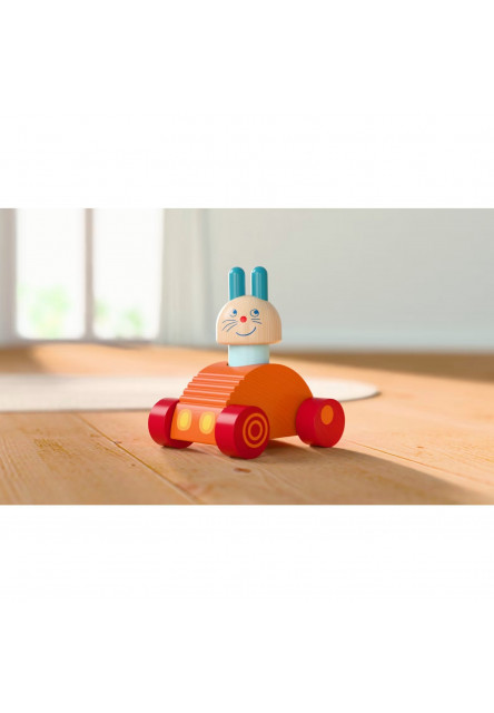 Drevená hračka 2v1 Drevené auto a kolíska Zajačik