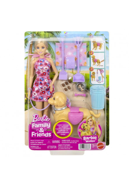 Barbie bábika so psíkom na prechádzke