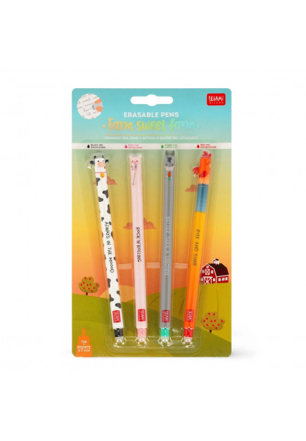 Set 4 gumovacích pier Legami Farm Sweet Farm - Set Of 4 Erasable Gel Pens - Cow + Piggy + Donkey + Rooster - 0,7 mm - Black/Pi
