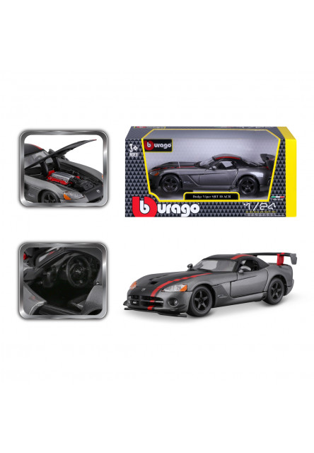 Bburago - Autá HOBBY, Dodge Viper SRT 10 ACR, šedá metalíza-matná čierna, 1:24