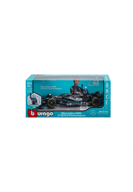 Bburago – RACE Formula F1 s figúrkou jazdca, Mercedes-AMG W14 E Performance (2023) #63 Russell, 1:24