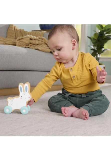 Fisher Price drevený zajačik na kolieskach 