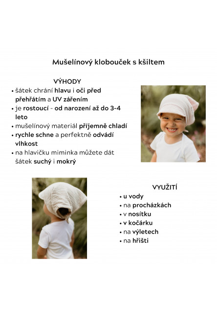 Dětský rostoucí mušelínový klobouček s kšiltem Sleepee Nature krémový 0-4 roky