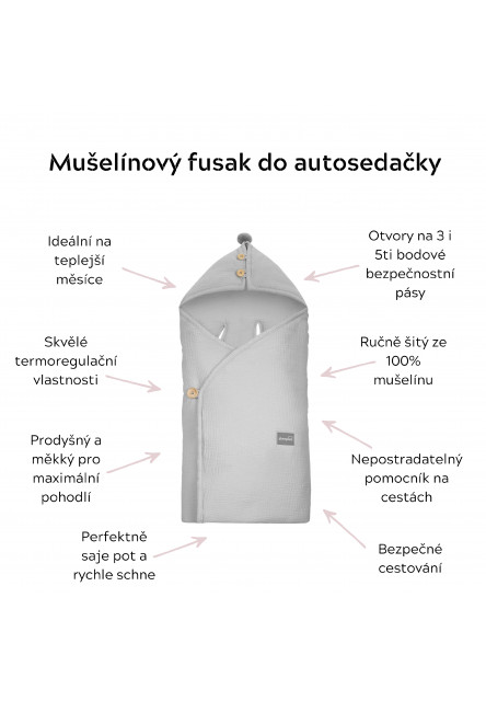 Lehký mušelínový fusak/zavinovačka/deka do autosedačky Love se srdíčky