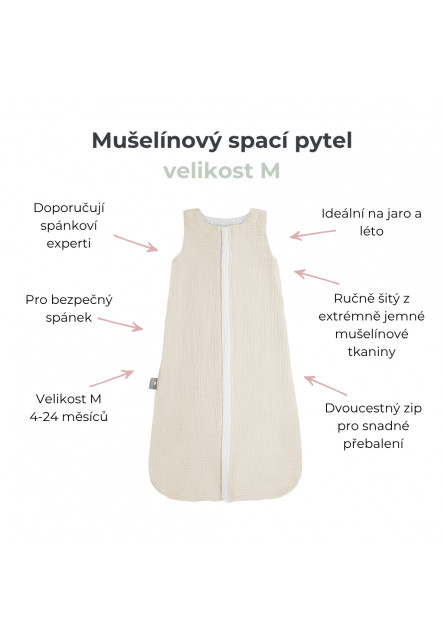 Letní a jarní lehký mušelínový spací pytel Love 4-24 měsíců M béžový se srdíčky