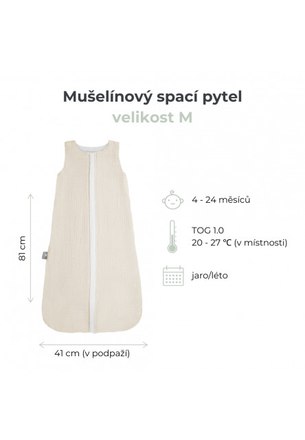Letní a jarní lehký mušelínový spací pytel Nature 4-24 měsíců M krémová