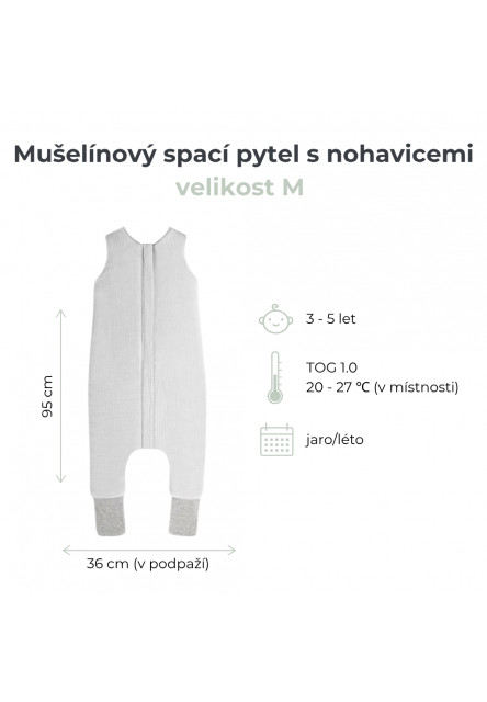 Mušelínový letní spací pytel s nohavicemi vel. M 3-5 let Sleepee Nature krémová
