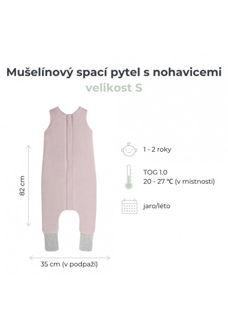 Mušelínový letní spací pytel s nohavicemi vel. S 1-2 roky Sleepee Nature krémová