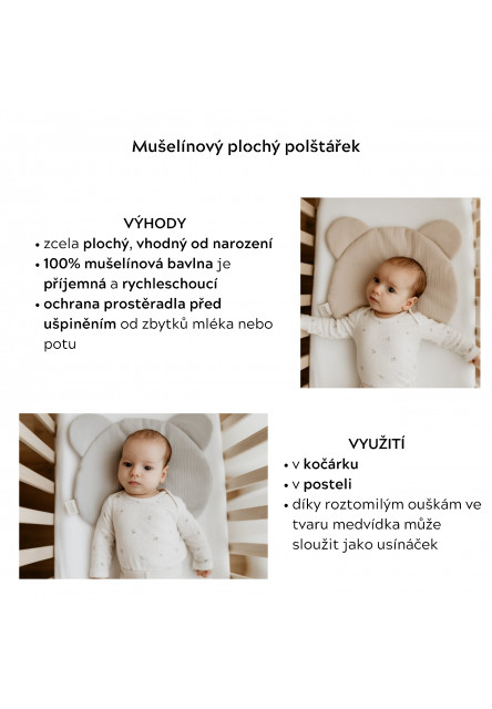Mušelínový plochý polštář Teddy Bear Sleepee Nature krémový
